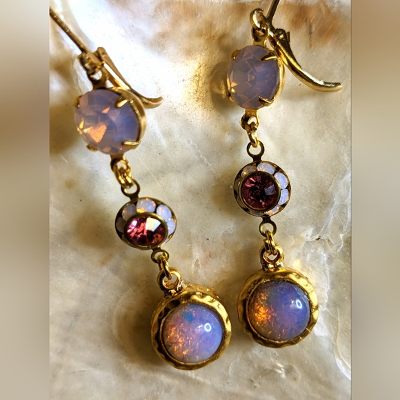 Pink Mystic Fire Opal & Swarovski Rose Opal W/ Crystal Flower Dangle Earrings - Picture 5 of 7